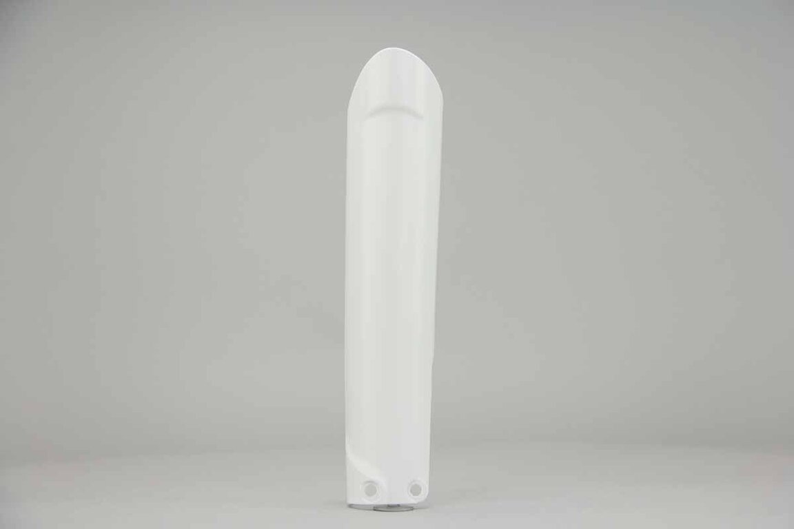 Right Side Polisport White Lower Fork Guards replacement plastics for 14-26 GasGas, Husqvarna, KTM, Sherco EC, ECF, EX, EXF, MC, MCF, FC, TC, EXC, EXCF, SMR, SX, SXF, XC, XCF, XCW, SC, SE, SE-R, SCF, SEF, SEF-R dirt bikes.