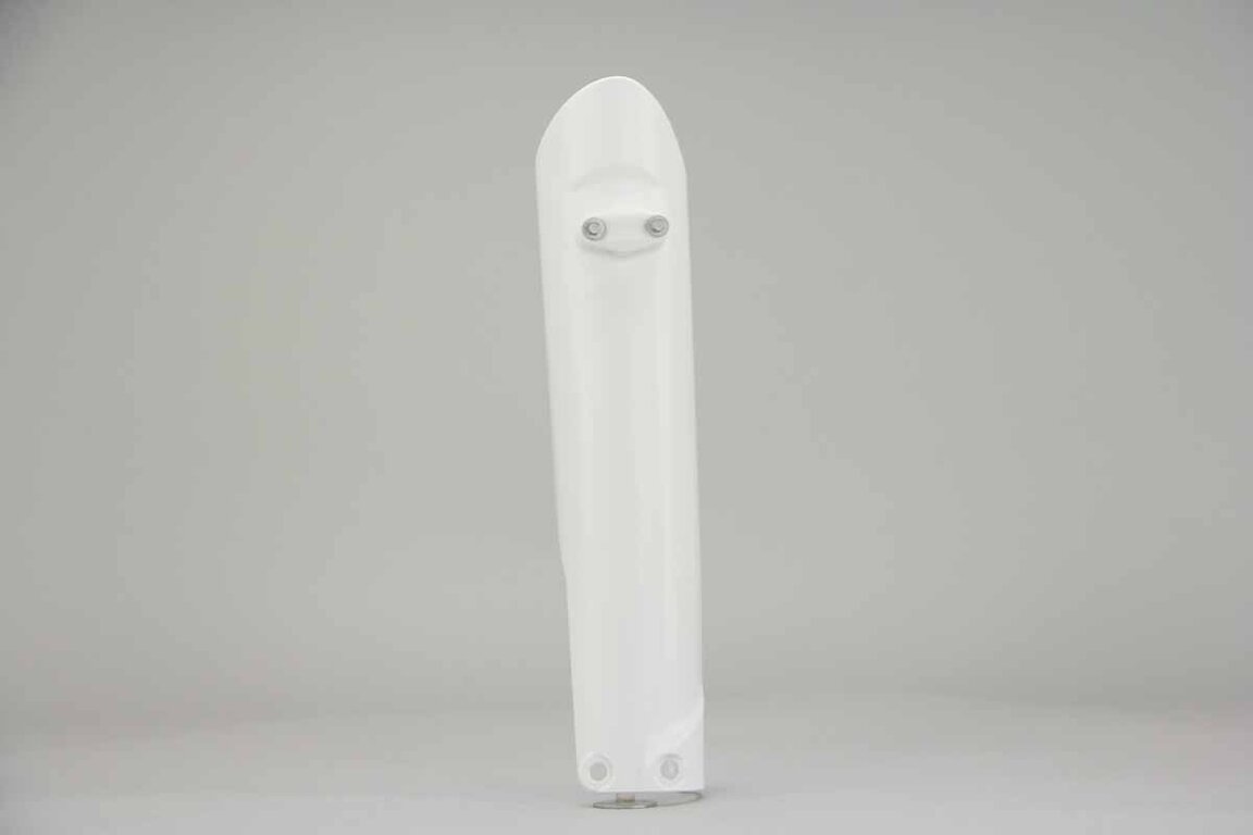 Left Side Polisport White Lower Fork Guards replacement plastics for 14-26 GasGas, Husqvarna, KTM, Sherco EC, ECF, EX, EXF, MC, MCF, FC, TC, EXC, EXCF, SMR, SX, SXF, XC, XCF, XCW, SC, SE, SE-R, SCF, SEF, SEF-R dirt bikes.