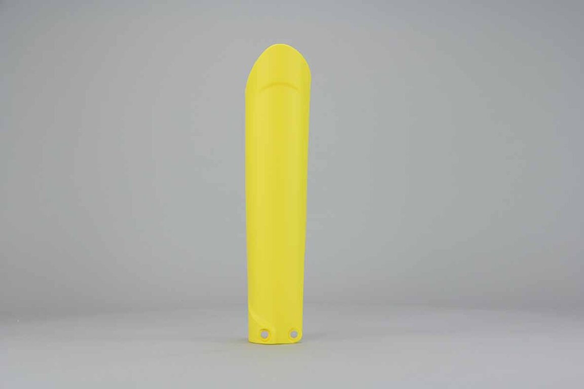 Right Side Polisport Yellow Lower Fork Guards replacement plastics for 14-26 GasGas, Husqvarna, KTM, Sherco EC, ECF, EX, EXF, MC, MCF, FC, TC, EXC, EXCF, SMR, SX, SXF, XC, XCF, XCW, SC, SE, SE-R, SCF, SEF, SEF-R dirt bikes.