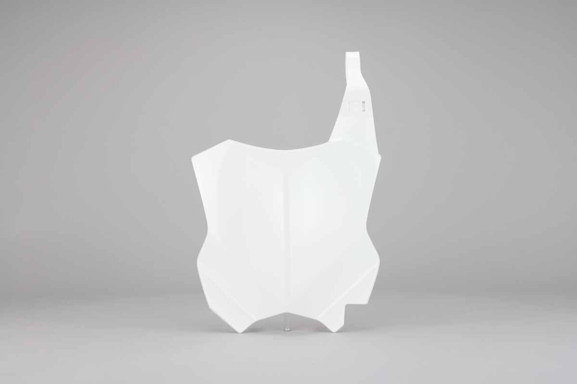 Polisport White Front Number Plate replacement plastics for 16-26 Kawasaki KLX, KX250F, KX450F dirt bikes 360 view