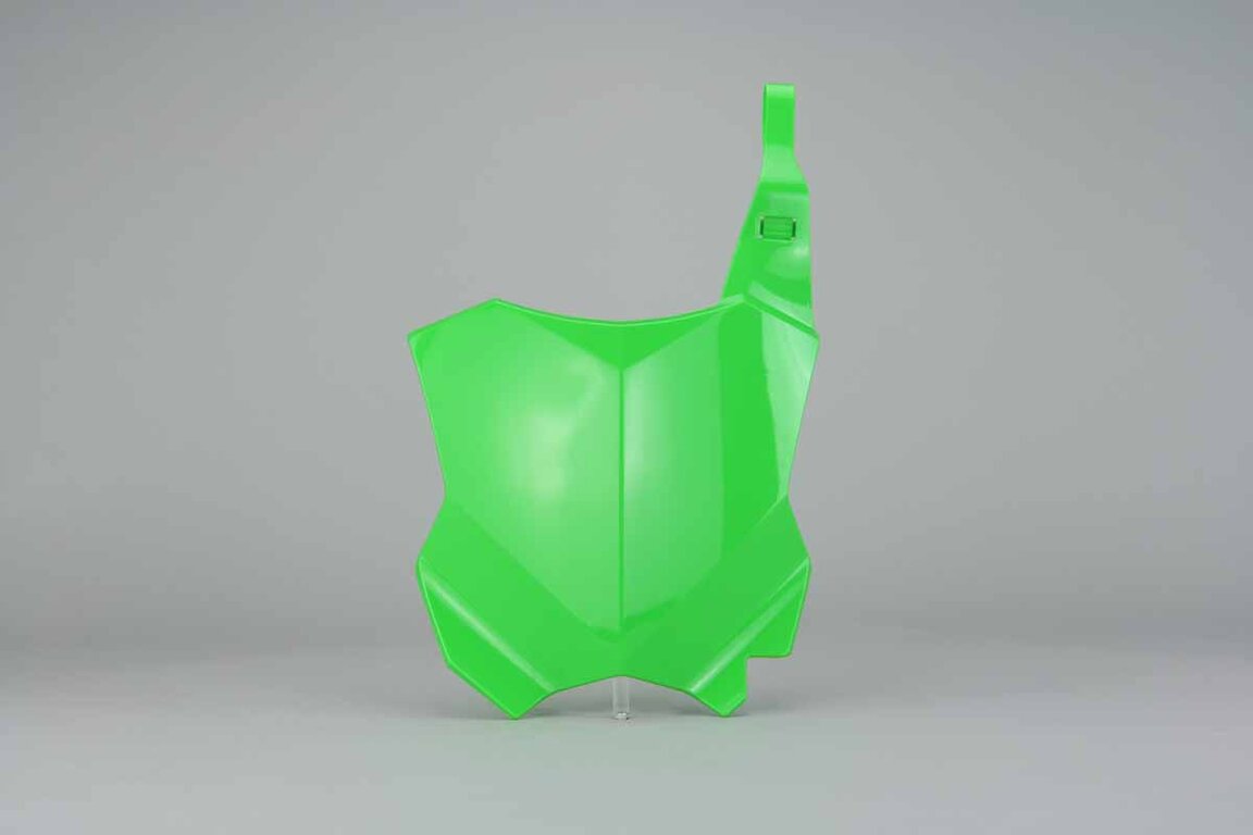 Polisport Green Front Number Plate replacement plastics for 16-26 Kawasaki KLX, KX250F, KX450F dirt bikes 360 view
