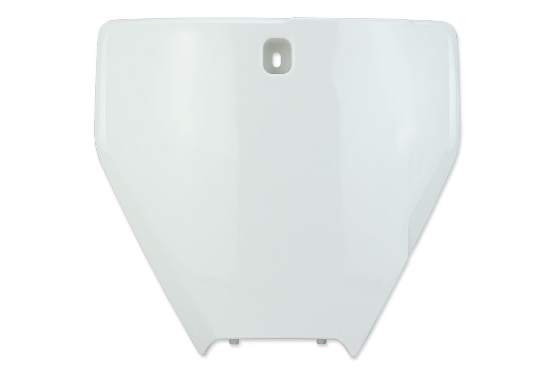 UFO White Front Number Plate for Husqvarna: FC250 (2016-2018), FC350 (2016-2018), FC450 (2016-2018), FS450 (2016-2018), FX350 (2017-2018), FX450 (2017-2018), TC125 (2016-2018), TC250 (2017-2018), TX300 (2017-2018)