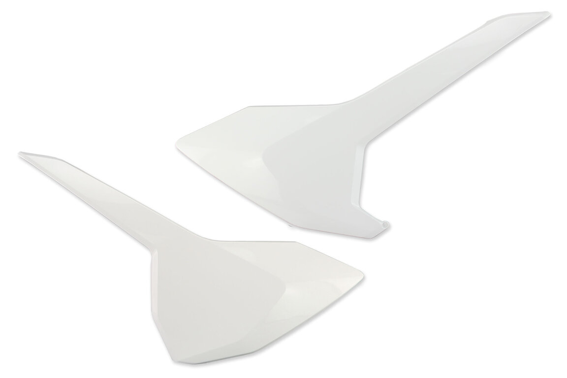 UFO White Side Number Plates for Husqvarna: FC250 (2016-2018), FC350 (2016-2018), FC450 (2016-2018), FE250 (2017-2019), FE350 (2017-2019), FE350s (2018), FE450 (2018-2019), FE501 (2017-2019), FS450 (2016-2018), FX350 (2017-2018), FX450 (2017-2018), TC125 (2016-2018), TC25...and more