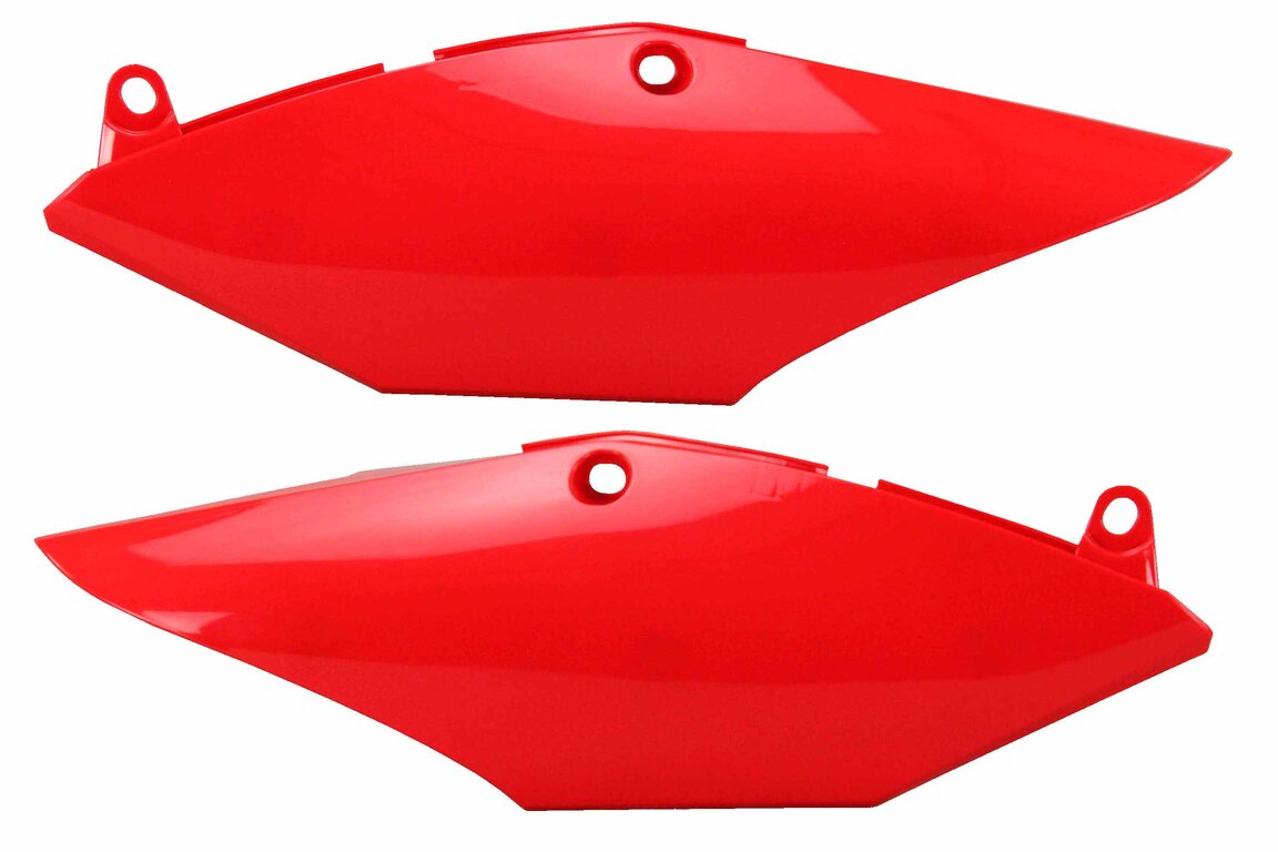 UFO Red Side Number Plates for Honda: CRF250R (2018-2021), CRF250RX (2019-2021), CRF450R (2017-2020), CRF450R-S (2022), CRF450RX (2017-2020)