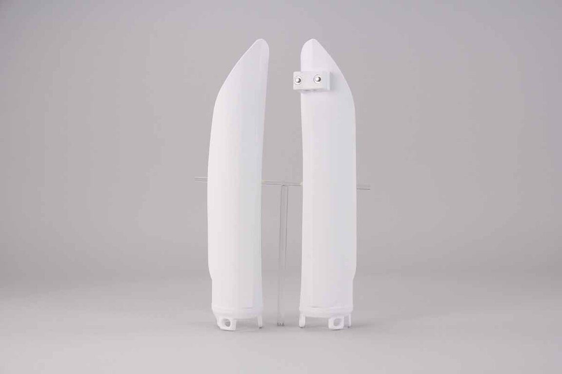 Polisport White Lower Fork Guards replacement plastics for 13-27 Beta RR, 200 Xtrainer, 250 Xtrainer, RX dirt bikes 360 view