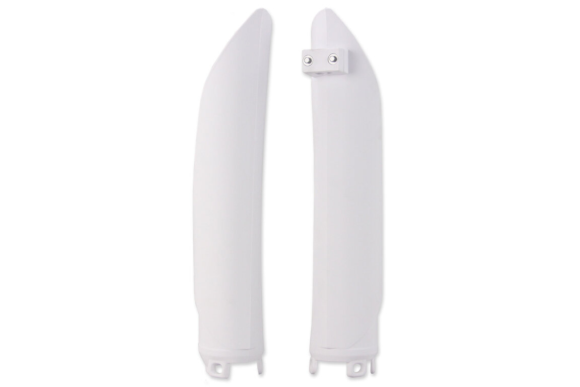 Polisport White Lower Fork Guards for Beta: 125 RR (2018), 250 RR (2013-2018), 250 RR Race Edition (2014-2018), 250 Xtrainer (2025), 300 RR (2013-2018), 300 RR Race Edition (2013-2018), 300 Xtrainer (2019-2026), 350 RR (2013-2016), 350 RR Race Edition (2013, 2016-2018), 350 RR...and more