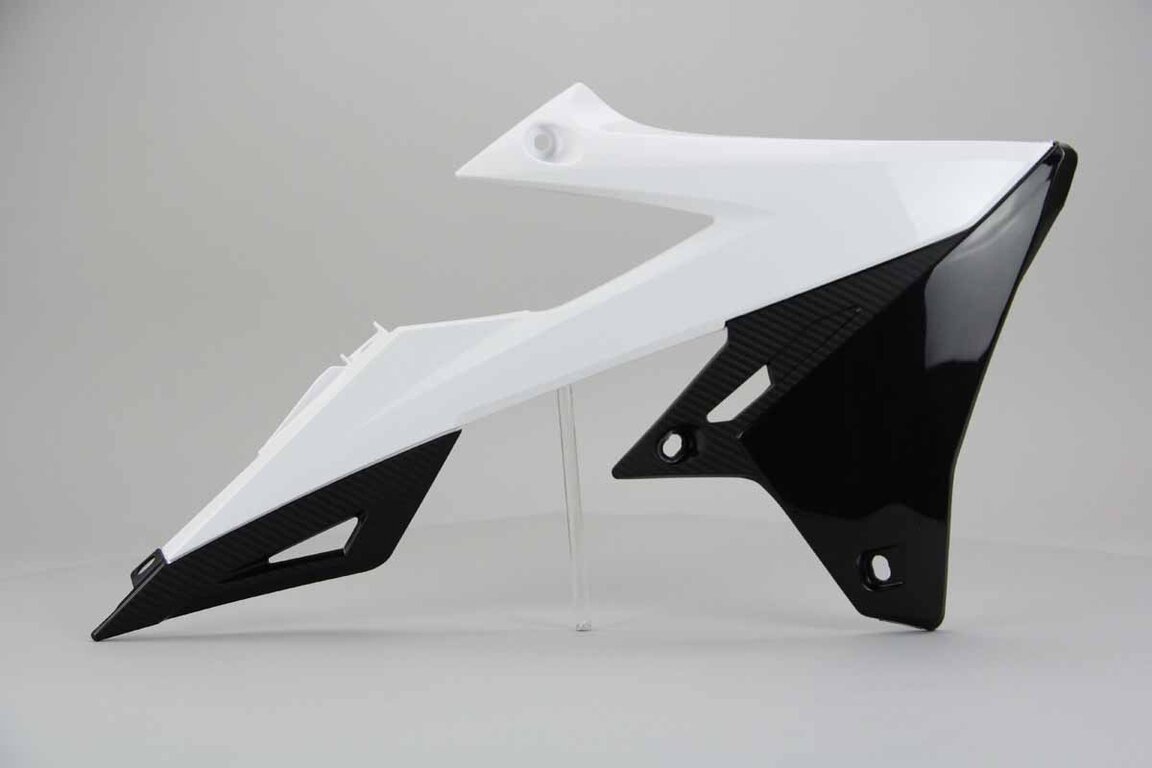 Right Side Polisport White Radiator Shroud Set replacement plastics for 18-26 Suzuki RMZ250, RMZ450 dirt bikes.