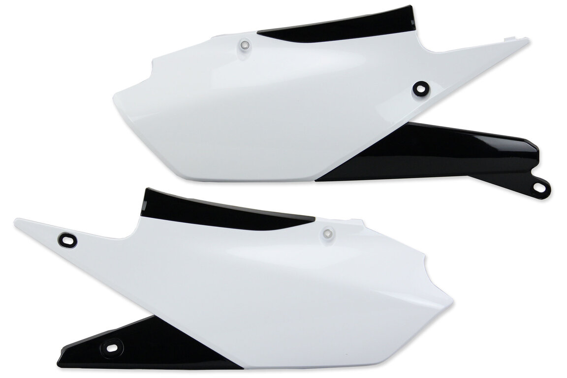 UFO White Side Number Plates for Yamaha: WR250F (2020-2024), WR450F (2019-2023), YZ250F (2019-2023), YZ250FX (2020-2024), YZ450F (2018-2022), YZ450FX (2019-2023)