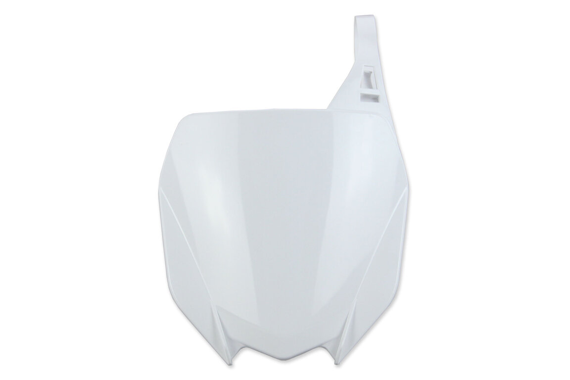 UFO White Front Number Plate for Yamaha: YZ125 (2002-2026), YZ125X (2020-2026), YZ250 (2002-2026), YZ250F (2019-2023), YZ250FX (2020-2024), YZ250X (2016-2026), YZ450F (2018-2022), YZ450FX (2019-2023)