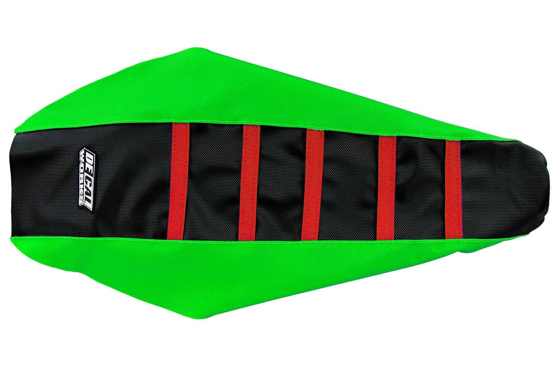 DeCal Works Green / Black / Red Gripper Ribbed Seat Covers for Kawasaki: KX250F (2017-2020)