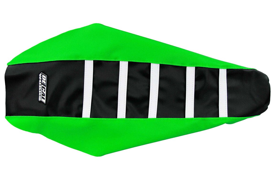 DeCal Works Green / Black / White Gripper Ribbed Seat Covers for Kawasaki: KX250F (2017-2020)