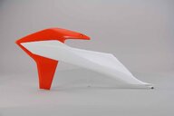 Left Side Polisport Ceramic White / Orange Radiator Shroud Set replacement plastics for 18-23 KTM EXC, EXCF, SMR, SX, SXF, XC, XCF, XCW dirt bikes.