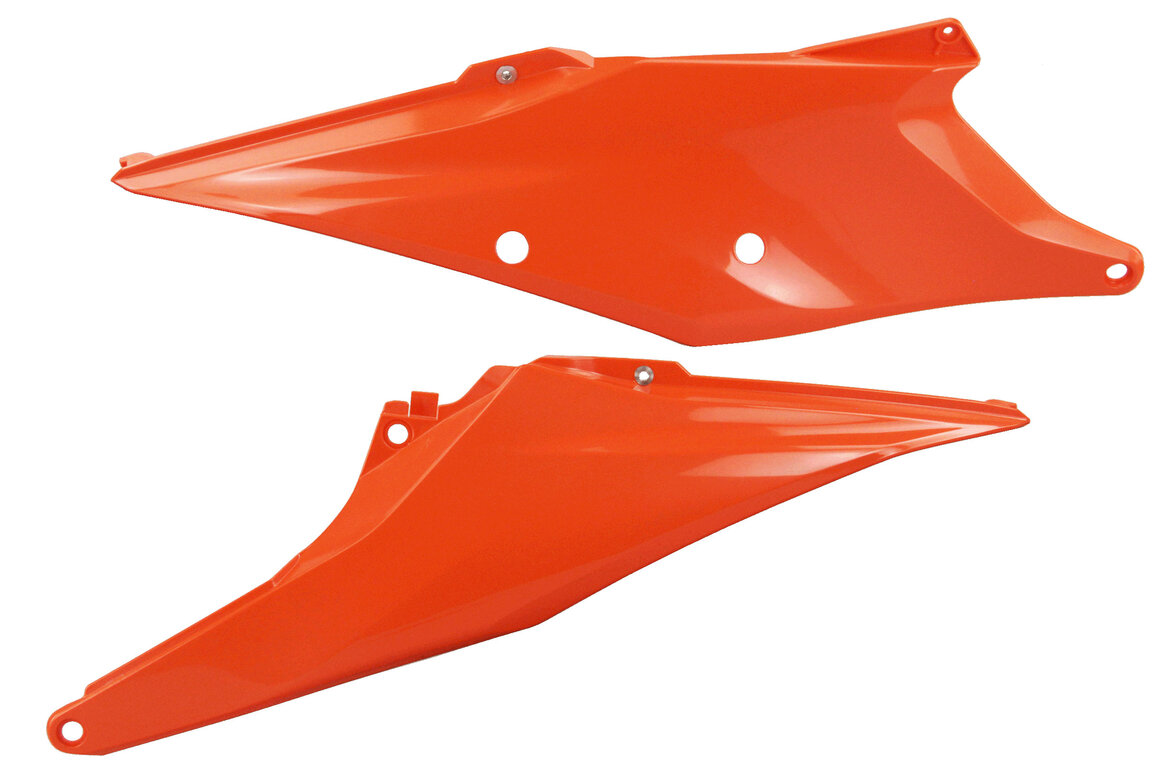 UFO Orange Side Number Plates for KTM: EXC125 (2020-2021), EXC150 (2020-2023), EXC250 (2020-2023), EXC250F (2020-2023), EXC300 (2020-2023), EXC350F (2020-2023), EXC450F (2020-2023), EXC500F (2020-2023), SMR450 (2021-2022), SX125 (2019-2022), SX150 (2019-2022), SX250 (2019-...and more