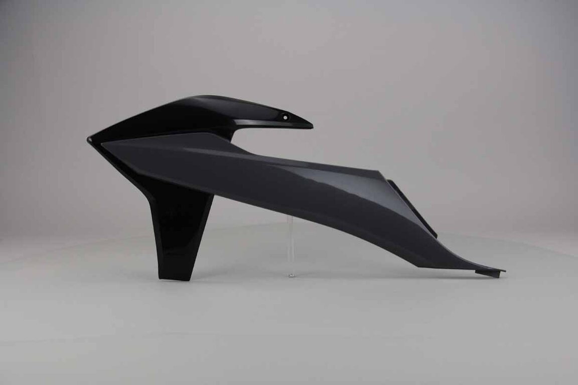 Left Side Polisport Nardo Grey / Black Radiator Shroud Set replacement plastics for 19-23 KTM EXC, EXCF, SMR, SX, SXF, XC, XCF, XCW dirt bikes.