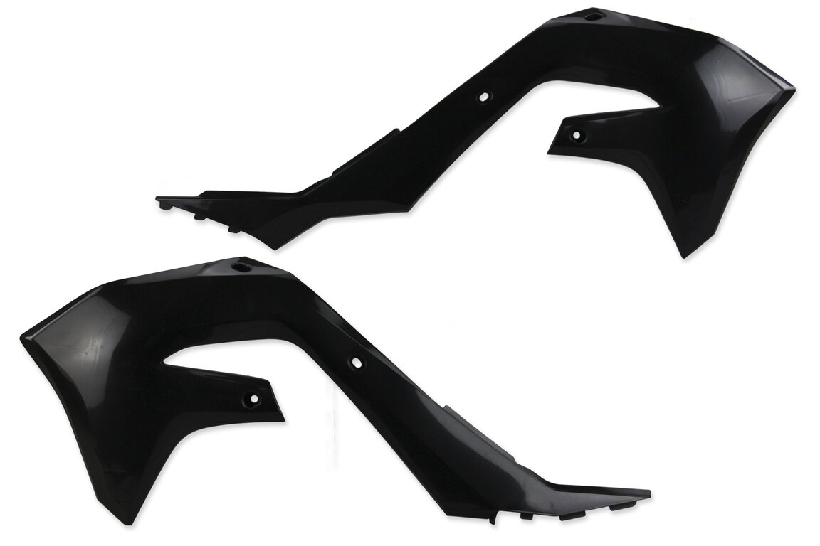 UFO Black Radiator Shroud Set for Kawasaki: KX250F (2021-2024), KX250F 50th Anniversary Edition (2024), KX250X (2022-2024), KX250XC (2021), KX450F (2019-2023), KX450SR (2022-2023), KX450X (2022-2023), KX450XC (2021)