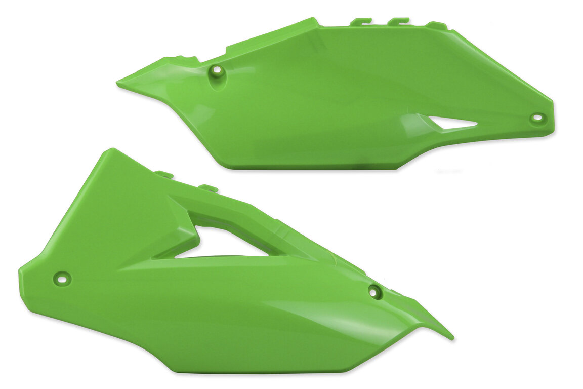 Polisport Green Side Number Plates for Kawasaki: KX250F (2021-2024), KX250F 50th Anniversary Edition (2024), KX250X (2022-2024), KX250XC (2021), KX450F (2019-2023), KX450SR (2022-2023), KX450X (2022-2023), KX450XC (2021)