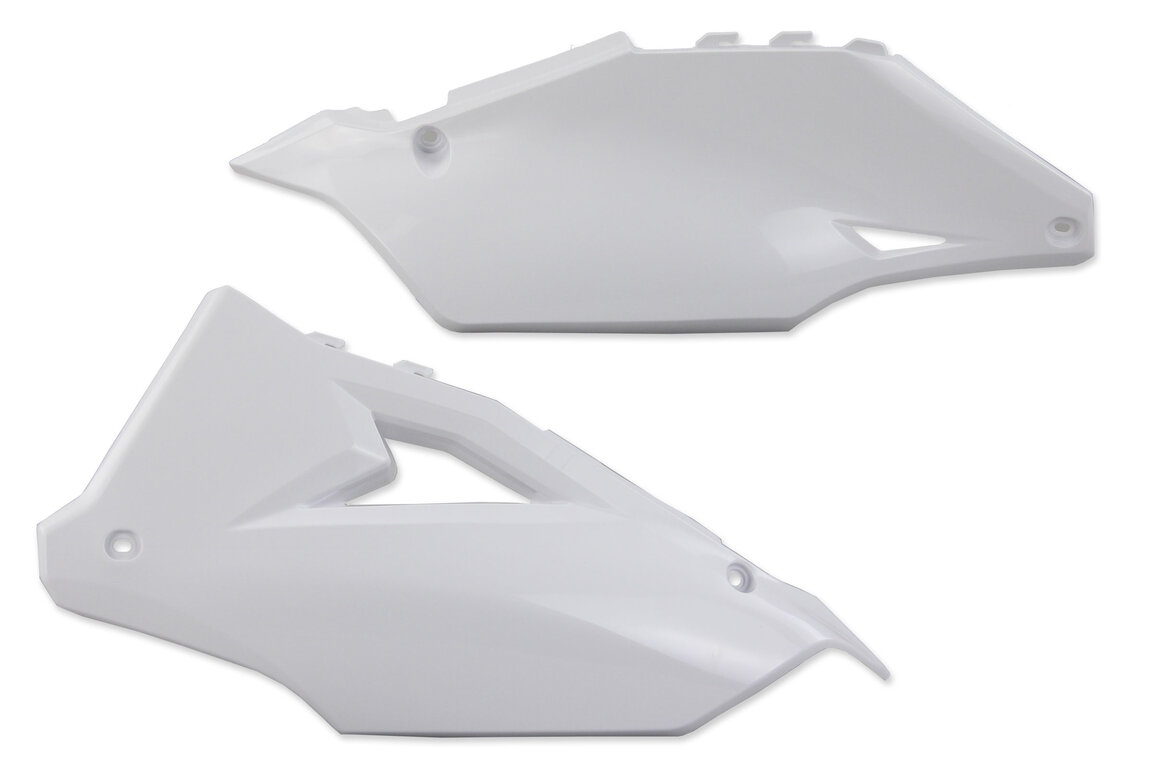 UFO Cream White Side Number Plates for Kawasaki: KX250F (2021-2024), KX250F 50th Anniversary Edition (2024), KX250X (2022-2024), KX250XC (2021), KX450F (2019-2023), KX450SR (2022-2023), KX450X (2022-2023), KX450XC (2021)