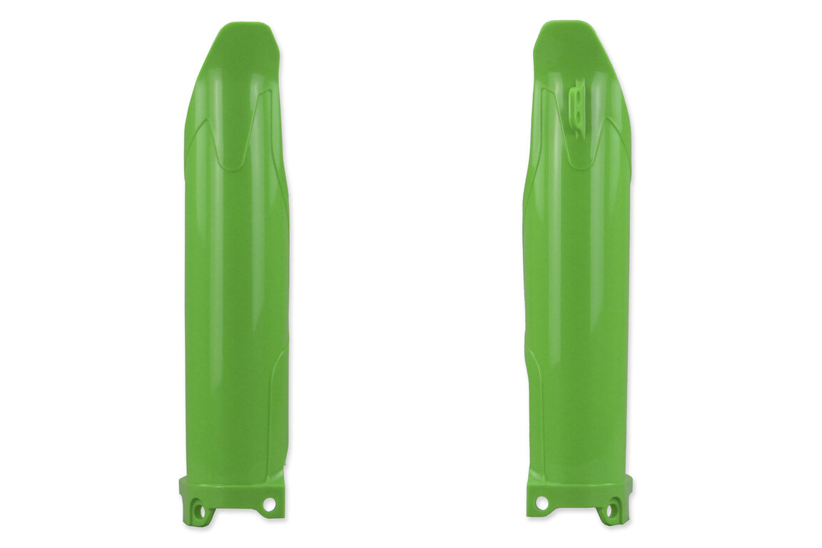 UFO Green Lower Fork Guards for Kawasaki: KLX300R (2020-2025), KX250F (2009-2026), KX250F 50th Anniversary Edition (2024), KX250X (2022-2026), KX250XC (2021), KX450F (2009-2026), KX450F 50th Anniversary Edition (2024), KX450SR (2022-2026), KX450X (2022-2026), KX450XC (2021)