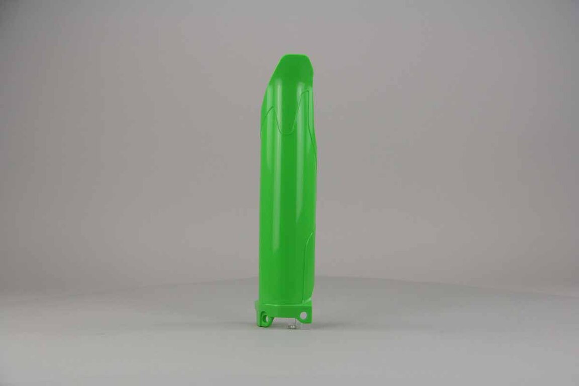 Right Side Polisport Green Lower Fork Guards replacement plastics for 09-26 Kawasaki KLX, KX250F, KX450F dirt bikes.