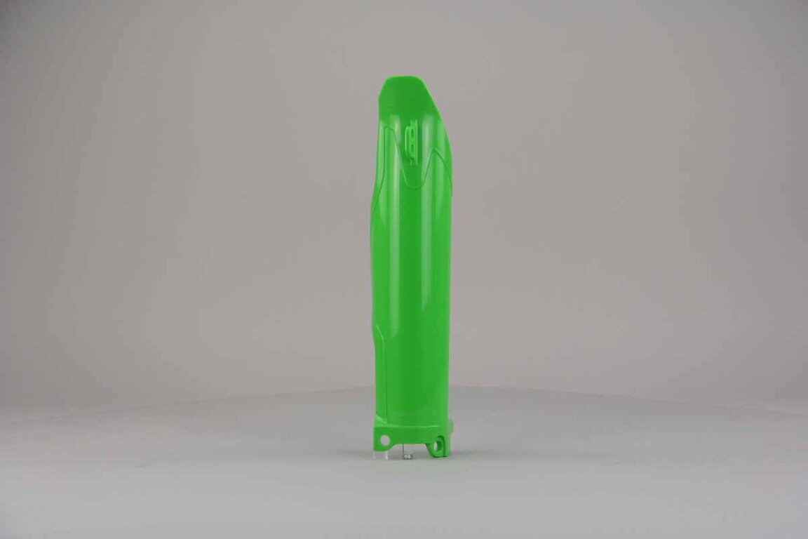 Left Side Polisport Green Lower Fork Guards replacement plastics for 09-26 Kawasaki KLX, KX250F, KX450F dirt bikes.