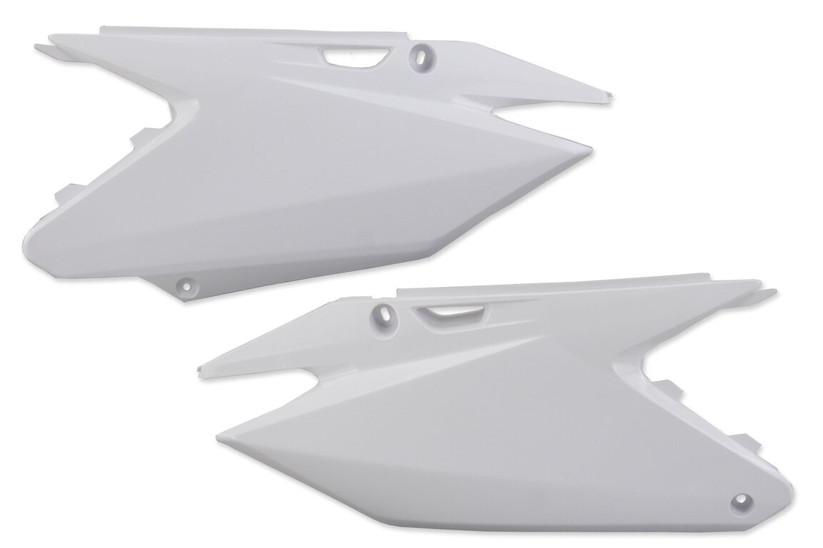 Polisport White Restyled Side Number Plates for Suzuki: RM125 (2001-2008), RM250 (2001-2008)