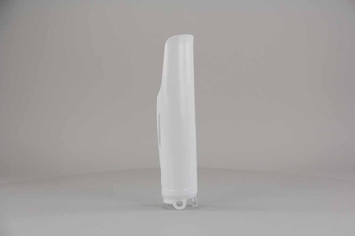 Right Side Polisport White Lower Fork Guards replacement plastics for 19-26 Honda CRF250, CRF450 dirt bikes.