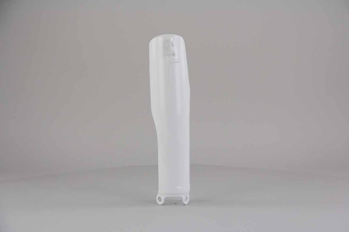Left Side Polisport White Lower Fork Guards replacement plastics for 19-27 Honda CRF250, CRF450, HRC Works Edition dirt bikes.