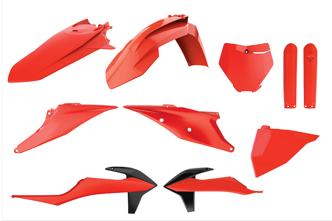 Polisport Flo Orange Plastic Kit for KTM: SX125 (2019-2022), SX150 (2019-2022), SX250 (2019-2022), SXF250 (2019-2022), SXF350 (2019-2022), SXF450 (2019-2022), SXF450FE (2018-2021)