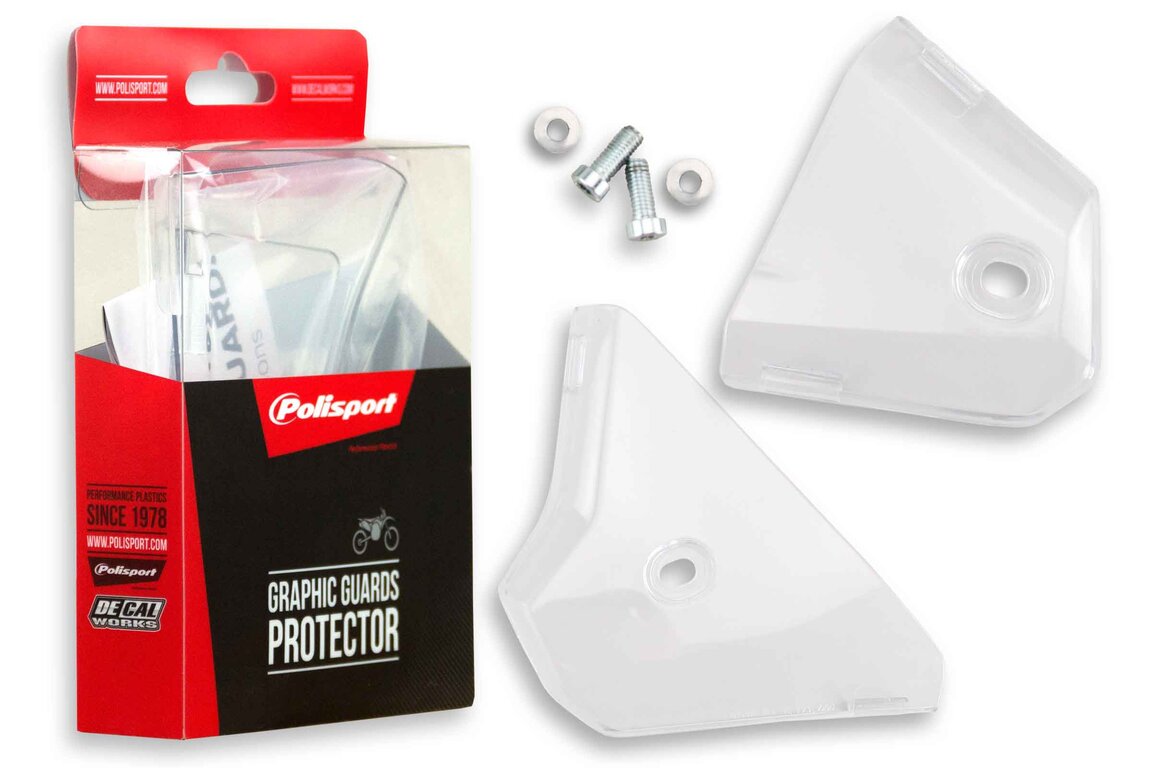 Polisport Clear Graphic Guards for Kawasaki: KX250F (2021-2024), KX250F 50th Anniversary Edition (2024), KX250X (2022-2024), KX250XC (2021), KX450F (2019-2023), KX450SR (2022-2023), KX450X (2022-2023), KX450XC (2021)