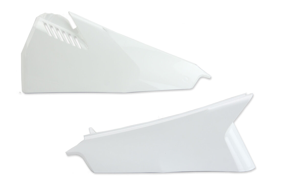 UFO White - Vented Side Upper Number Plates for Husqvarna: FC250 (2019-2022), FC350 (2019-2022), FC450 (2019-2022), FC450 Rockstar Edition (2018-2021), FE250 (2022-2023), FE350 (2020-2023), FE350s (2020, 2022-2023), FE450 (2020-2023), FE501 (2020-2023), FE501s (2020-2023), FS450 (2019-2...and more