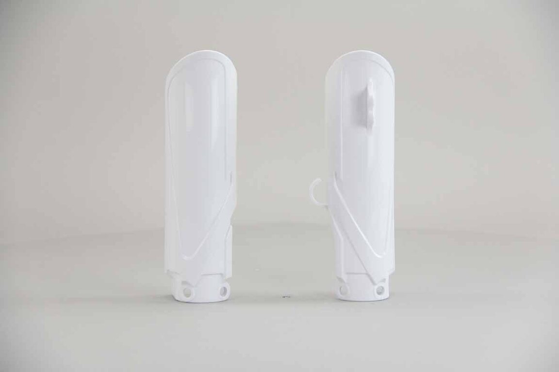 Acerbis White Lower Fork Guards replacement plastics for 18-27 Yamaha YZ65 dirt bikes 360 view