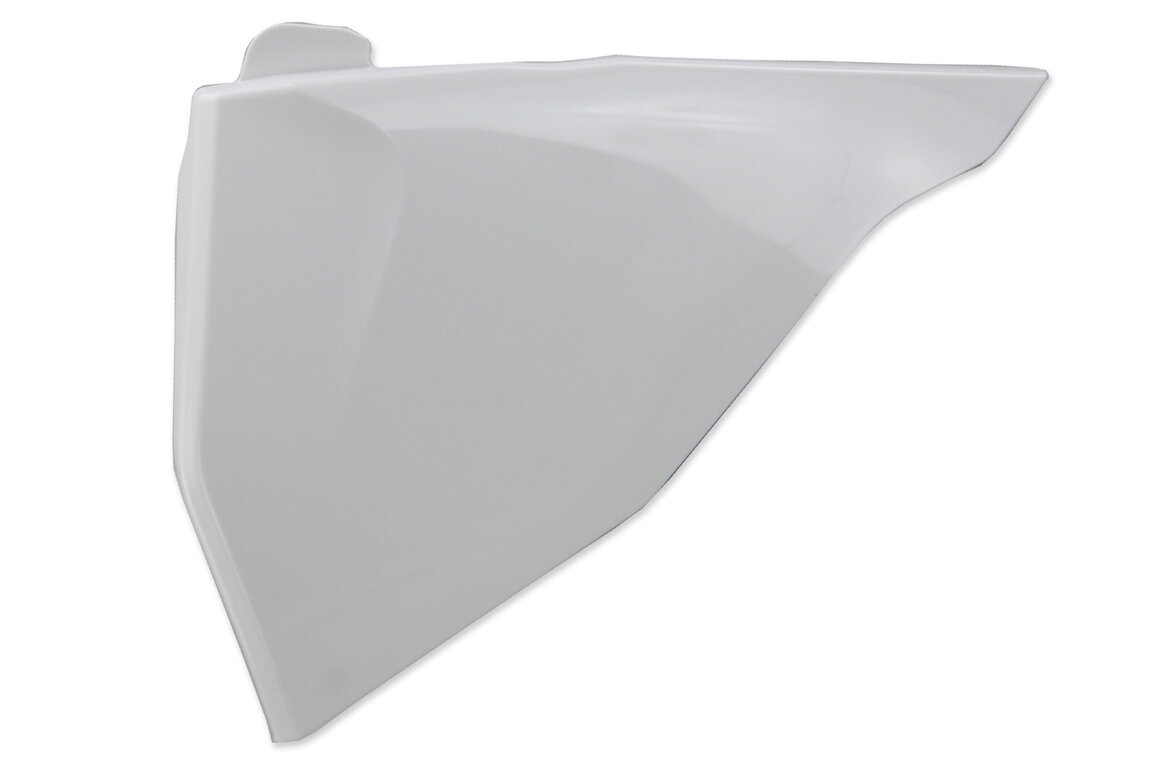 UFO Ceramic White Airbox Covers for KTM: EXC125 (2020-2021), EXC150 (2020-2023), EXC250 (2020-2023), EXC250F (2020-2023), EXC300 (2020-2023), EXC350F (2020-2023), EXC450F (2020-2023), EXC500F (2020-2023), SMR450 (2021-2022), SX125 (2019-2022), SX150 (2019-2022), SX250 (2019-...and more
