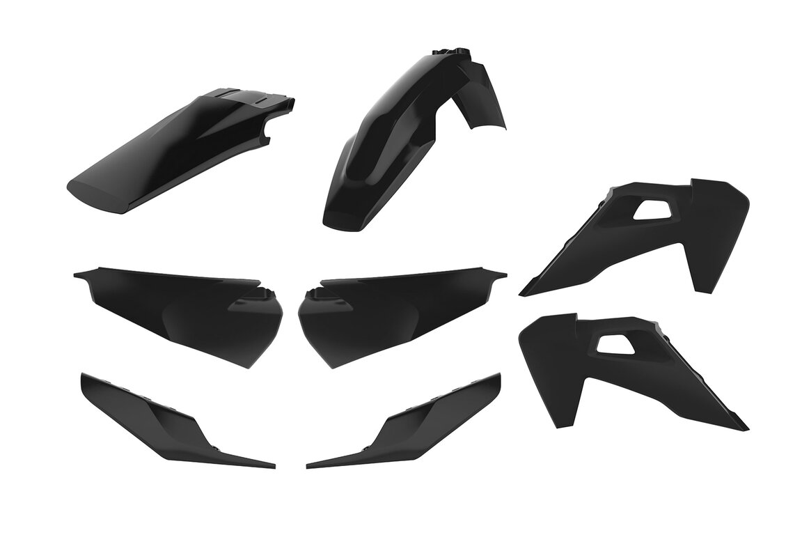 Polisport Black Plastic Kit for Husqvarna: FE250 (2022-2023), FE350 (2020-2023), FE350s (2020, 2022-2023), FE450 (2020-2023), FE501 (2020-2023), FE501s (2020-2023), TE150 (2023), TE150i (2020-2022), TE250 (2023), TE250i (2020-2022), TE300 (2023), TE300i (2020-2022), TE30...and more