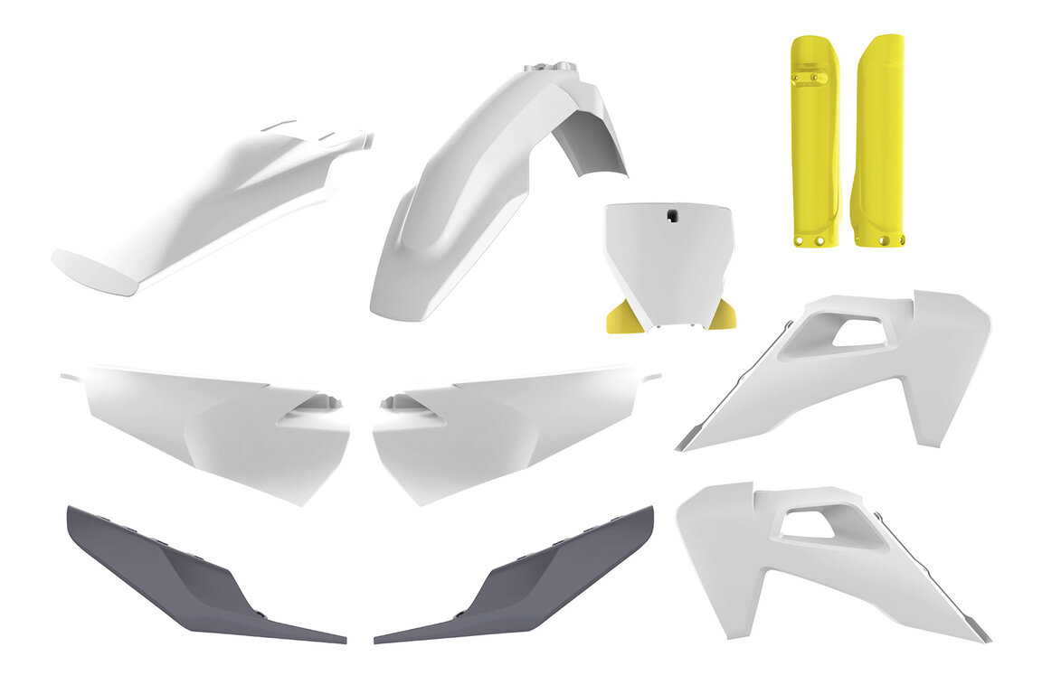 Polisport OEM 20 Color w/ Forks Plastic Kit for Husqvarna: FC250 (2019-2022), FC350 (2019-2022), FC450 (2019-2022), FC450 Rockstar Edition (2018-2021), FX350 (2019-2022), FX450 (2019-2022), TC125 (2019-2022), TC250 (2019-2022), TX300 (2019), TX300i (2020-2022)