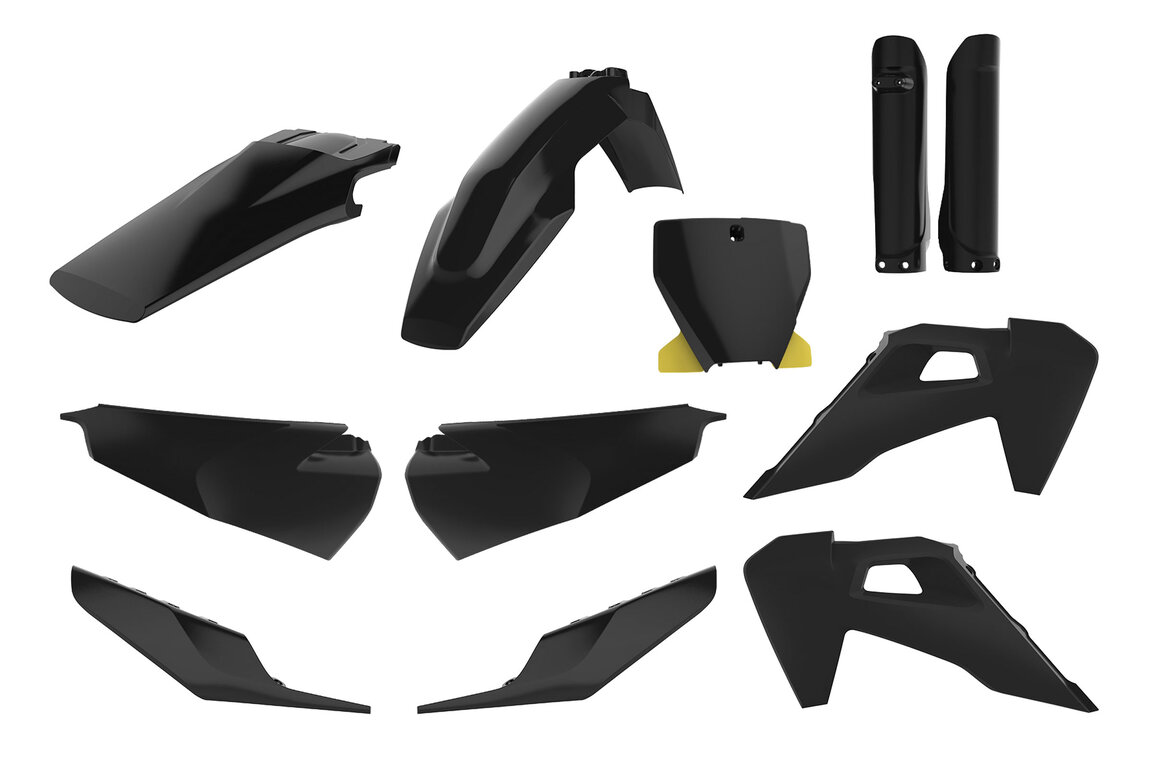 Polisport Black with Forks Plastic Kit for Husqvarna: FC250 (2019-2022), FC350 (2019-2022), FC450 (2019-2022), FC450 Rockstar Edition (2018-2021), FX350 (2019-2022), FX450 (2019-2022), TC125 (2019-2022), TC250 (2019-2022), TX300 (2019), TX300i (2020-2022)