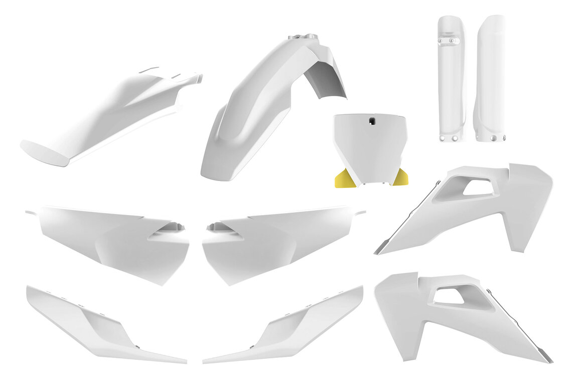 Polisport Ceramic White w/ Forks Plastic Kit for Husqvarna: FC250 (2019-2022), FC350 (2019-2022), FC450 (2019-2022), FC450 Rockstar Edition (2018-2021), FX350 (2019-2022), FX450 (2019-2022), TC125 (2019-2022), TC250 (2019-2022), TX300 (2019), TX300i (2020-2022)