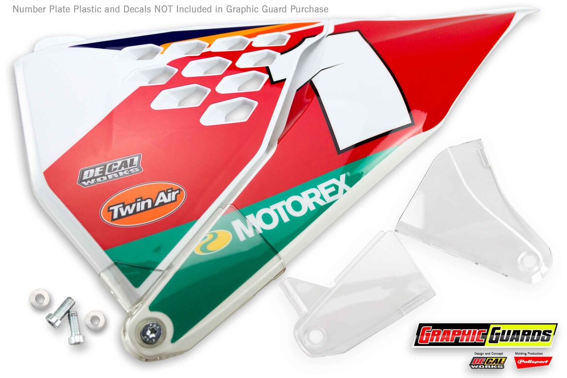 Polisport Clear Graphic Guards for KTM: EXC125 (2020-2021), EXC150 (2020-2023), EXC250 (2020-2023), EXC250F (2020-2023), EXC300 (2020-2023), EXC350F (2020-2023), EXC450F (2020-2023), EXC500F (2020-2023), SMR450 (2021-2022), SX125 (2019-2022), SX150 (2019-2022), SX250 (2019-...and more