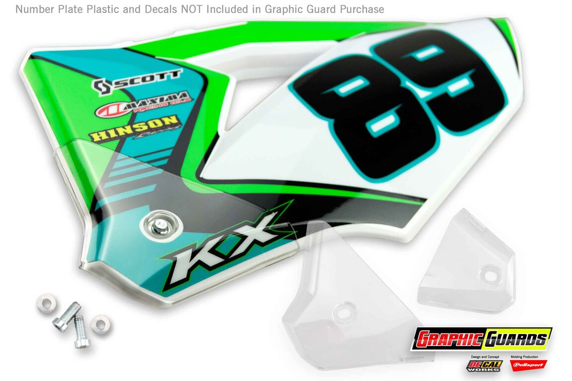 Polisport Clear Graphic Guards for Kawasaki: KX250F (2021-2024), KX250F 50th Anniversary Edition (2024), KX250X (2022-2024), KX250XC (2021), KX450F (2019-2023), KX450SR (2022-2023), KX450X (2022-2023), KX450XC (2021)