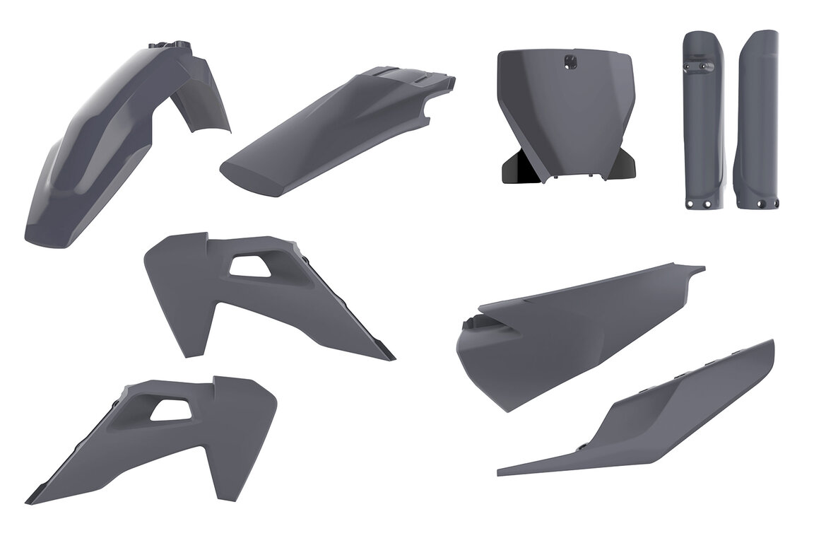 Polisport Nardo Grey with Forks Plastic Kit for Husqvarna: FC250 (2019-2022), FC350 (2019-2022), FC450 (2019-2022), FC450 Rockstar Edition (2018-2021), FX350 (2019-2022), FX450 (2019-2022), TC125 (2019-2022), TC250 (2019-2022), TX300 (2019), TX300i (2020-2022)