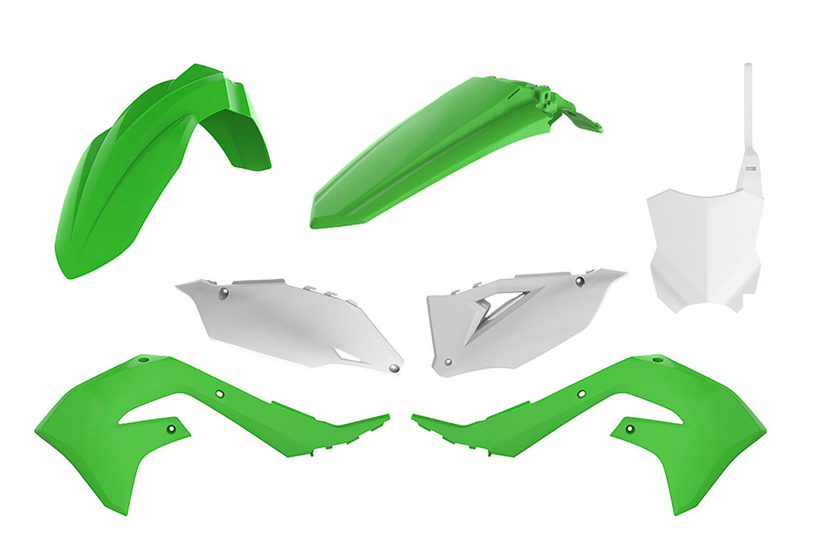 Polisport OEM Color Plastic Kit for Kawasaki: KX250F (2021-2024), KX250F 50th Anniversary Edition (2024), KX250X (2022-2024), KX250XC (2021), KX450F (2019-2023), KX450SR (2022-2023), KX450X (2022-2023), KX450XC (2021)