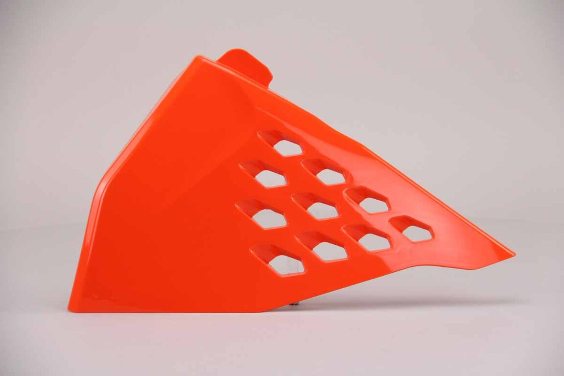 UFO Orange Vented Airbox Covers replacement plastics for 18-23 KTM EXC, EXCF, SMR, SX, SXF, XC, XCF, XCW dirt bikes 360 view