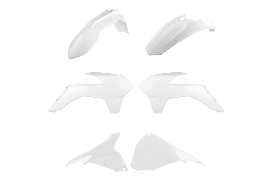 Polisport White Plastic Kit for KTM: EXC125 (2016), EXC200 (2016), EXC250 (2016), EXC250F (2014-2016), EXC300 (2014, 2016), EXC350F (2014-2016), EXC450 (2014-2016), EXC500 (2014-2016), XCF250W (2014-2016), XCF350W (2014-2016)