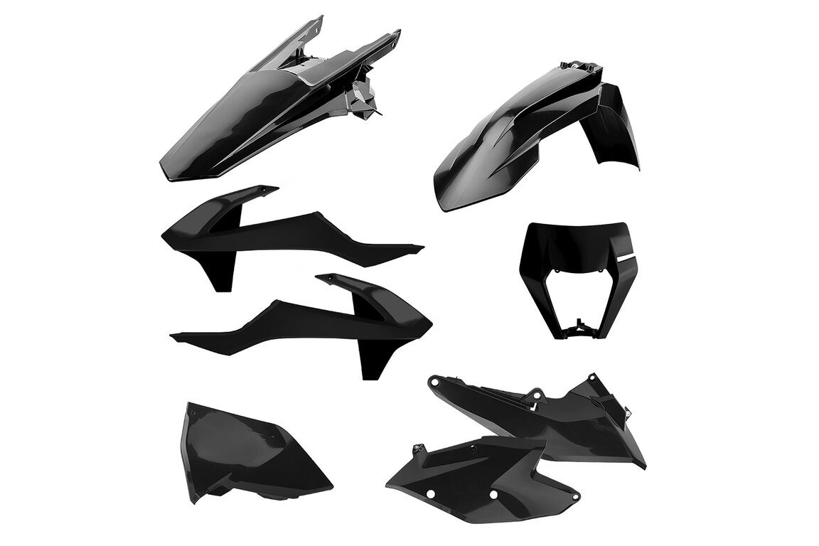 Polisport Black Plastic Kit for KTM: EXC250F (2017-2019), EXC300 (2017-2019), EXC350F (2017-2019), EXC450F (2017-2019), EXC500F (2017-2019), XCW150 (2017-2019), XCW250 (2017-2019), XCW300 (2017-2018), XCW300 TPI (2019)