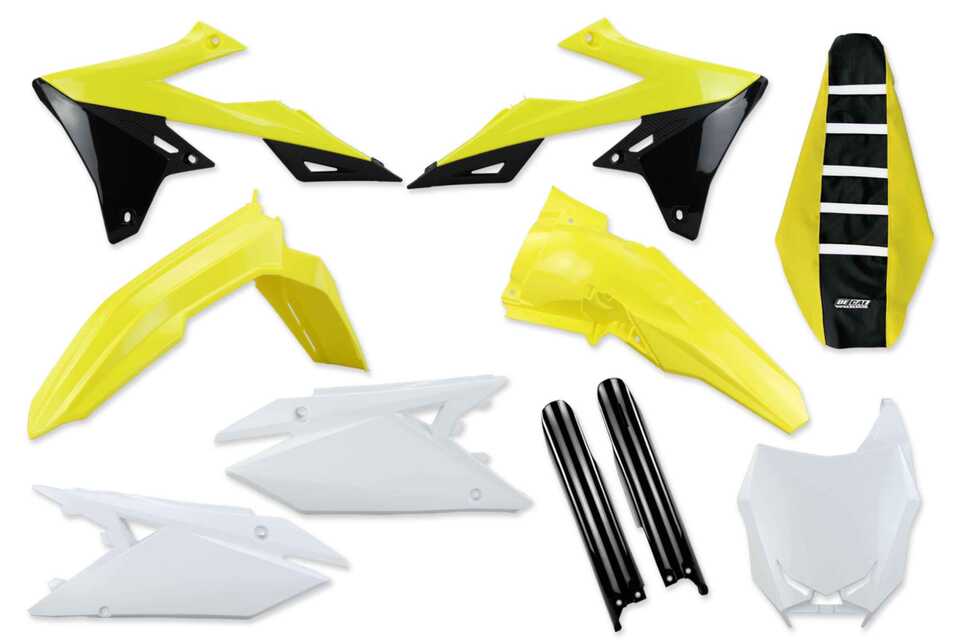 Complete Plastic Kit with Lower Forks  & Seat Cover 2019 Suzuki RMZ250, 2020 Suzuki RMZ250, 2021 Suzuki RMZ250, 2022 Suzuki RMZ250, 2023 Suzuki RMZ250, 2024 Suzuki RMZ250, 2018 Suzuki RMZ450, 2019 Suzuki RMZ450, 2020 Suzuki RMZ450, 2021 Suzuki RMZ450, 2022 Suzuki RMZ450, 2023 Suzuki RMZ450,...and more | DeCal Works