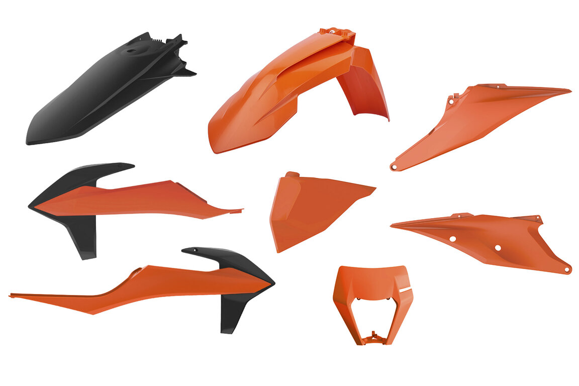 Polisport OEM Color Plastic Kit for KTM: EXC125 (2020-2021), EXC150 (2020-2023), EXC250 (2020-2023), EXC250F (2020-2023), EXC300 (2020-2023), EXC350F (2020-2023), EXC450F (2020-2023), EXC500F (2020-2023), XCF350W (2020-2022), XCF450W (2023), XCF500W (2020-2022), XCW150 (2023...and more
