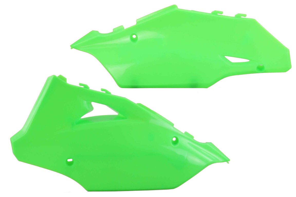 Polisport Flo Lime Green Restyled Side Number Plates for Kawasaki: KX125 (2003-2007), KX250 (2003-2007)