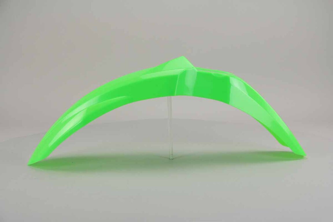 Polisport Flo Lime Green Front Fender replacement plastics for 03-26 Kawasaki KLX, KX, KX250F, KX450F dirt bikes 360 view