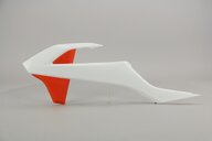 Left Side UFO Ceramic White / Orange Radiator Shroud Set replacement plastics for 18-24 KTM SX85 dirt bikes.