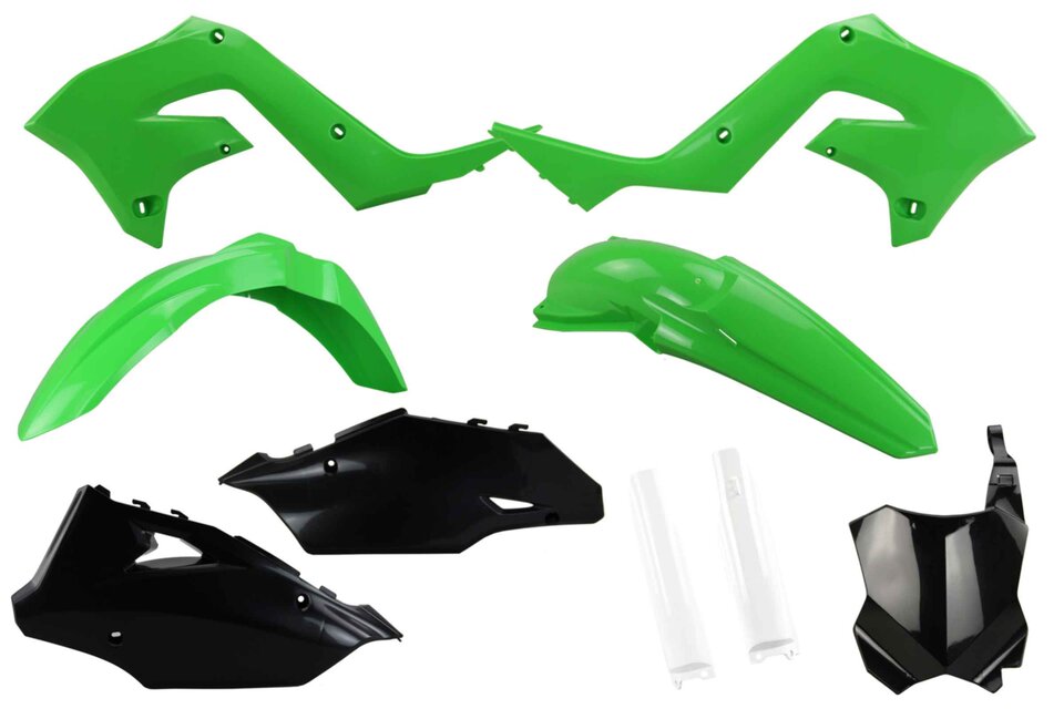  Mix & Match Restyled Plastic Kit With Lower Forks 2004 Kawasaki KX125, 2005 Kawasaki KX125, 2006 Kawasaki KX125, 2007 Kawasaki KX125, 2004 Kawasaki KX250, 2005 Kawasaki KX250, 2006 Kawasaki KX250, 2007 Kawasaki KX250