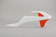 Right Side UFO Ceramic White / Orange Radiator Shroud Set replacement plastics for 18-24 KTM SX85 dirt bikes.